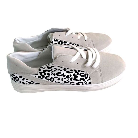 Rosy Womens Canvas Lace Up Sneakers Gray Leopard Print EUR 41 US 8.5 New - Picture 1 of 6